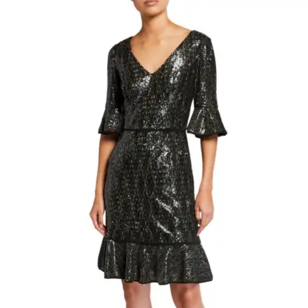 Black Sequin V-Neck Midi Dress with Ruffle Hem